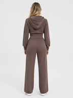 Women’s Two-Piece Tracksuit Set with Zip-Up Hooded Top and Wide-Leg Pants