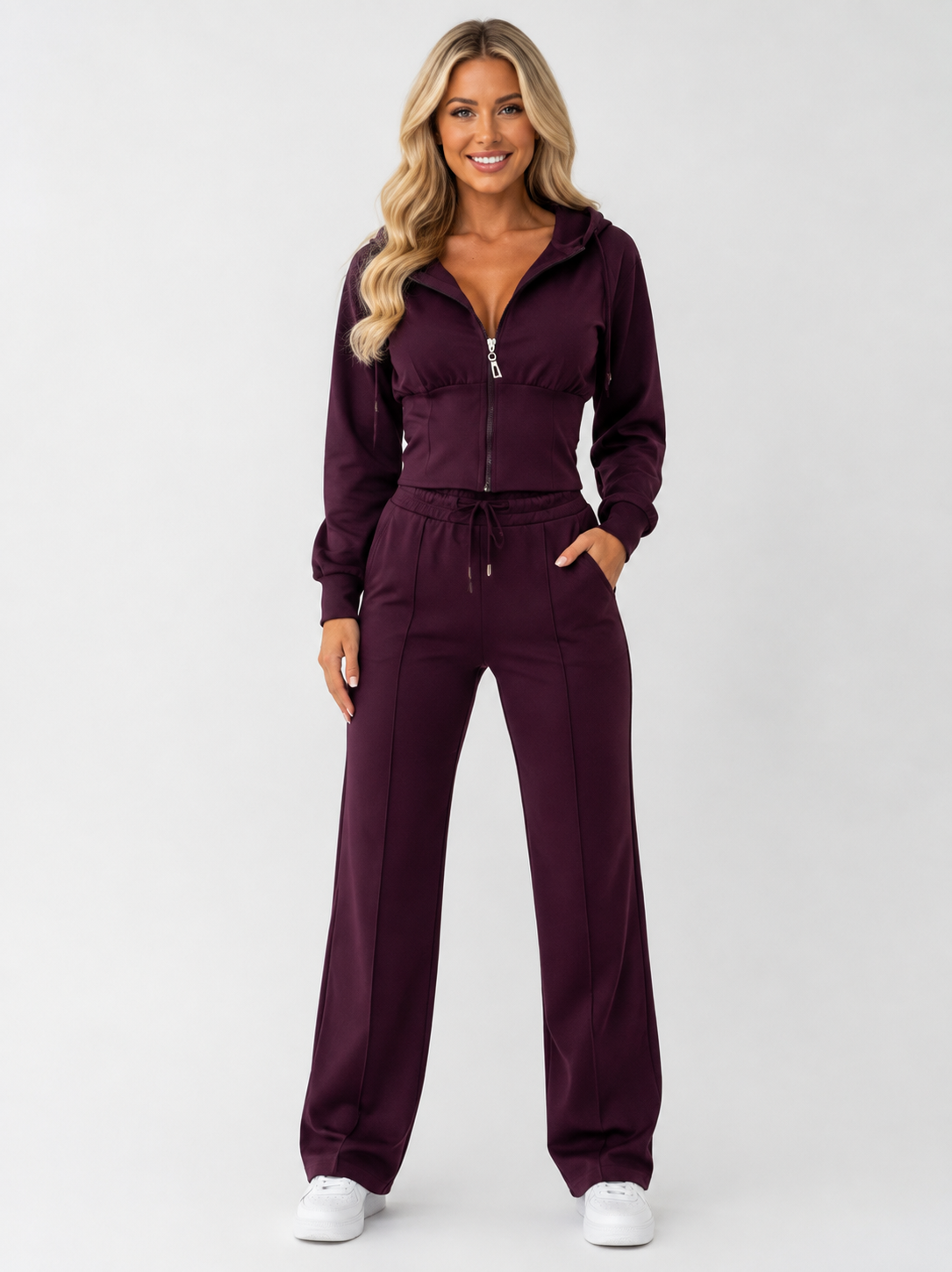 Women’s Two-Piece Tracksuit Set with Zip-Up Hooded Top and Wide-Leg Pants