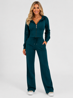 Women’s Two-Piece Tracksuit Set with Zip-Up Hooded Top and Wide-Leg Pants