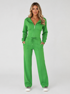 Women’s Two-Piece Tracksuit Set with Zip-Up Hooded Top and Wide-Leg Pants