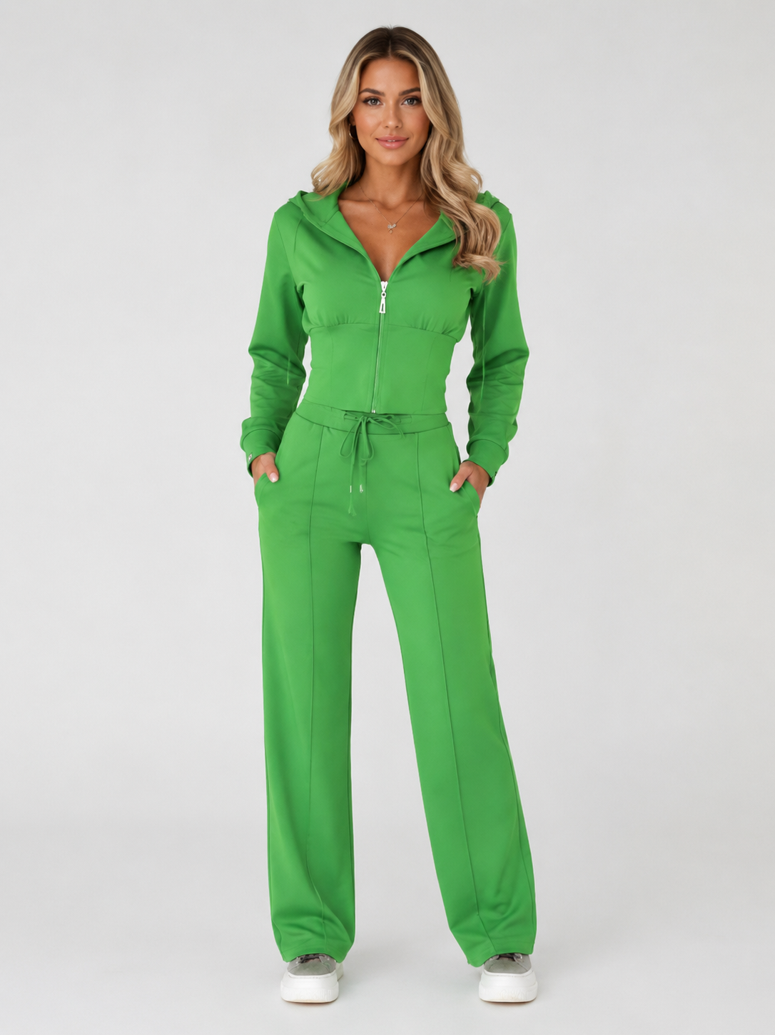 Women’s Two-Piece Tracksuit Set with Zip-Up Hooded Top and Wide-Leg Pants