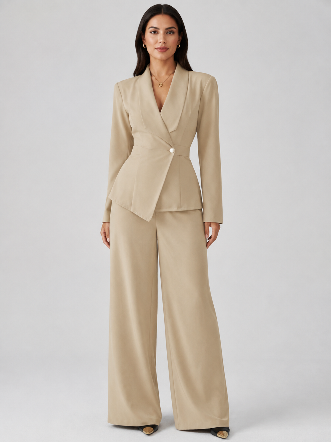 Women’s Two-Piece Wrap Blazer Set with Wide-Leg Pants