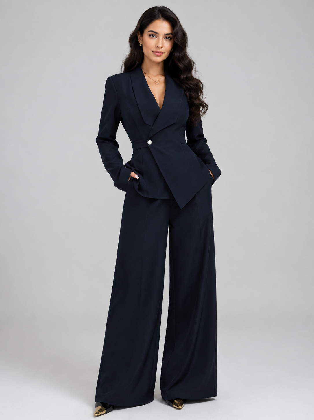 Women’s Two-Piece Wrap Blazer Set with Wide-Leg Pants