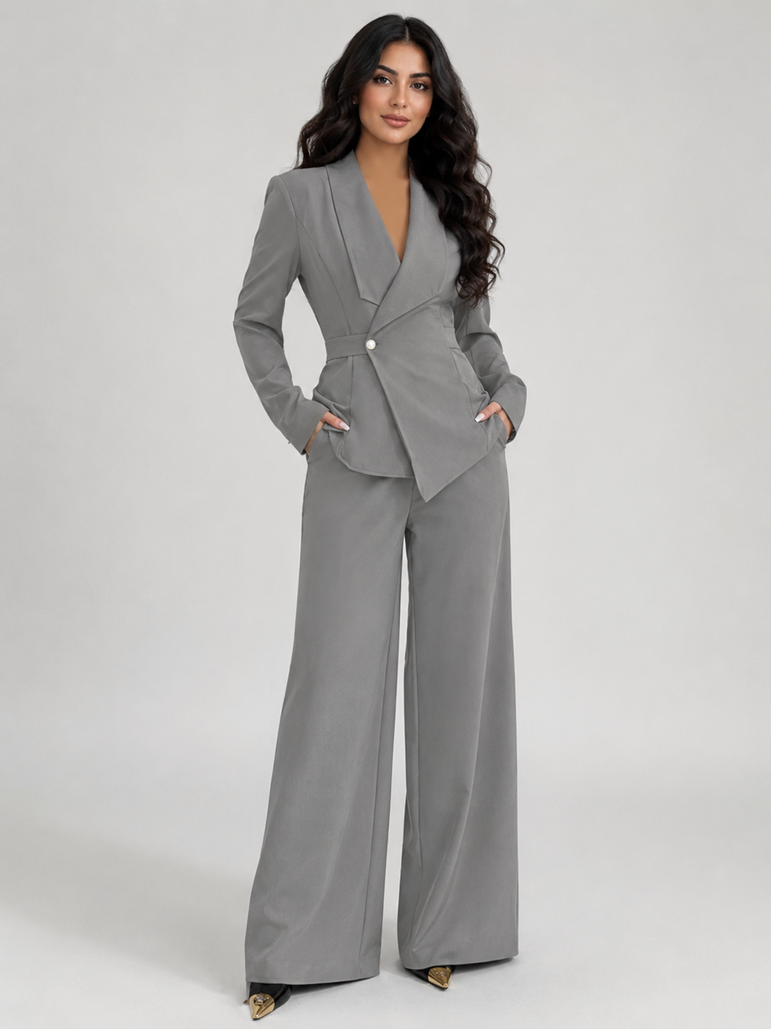 Women’s Two-Piece Wrap Blazer Set with Wide-Leg Pants