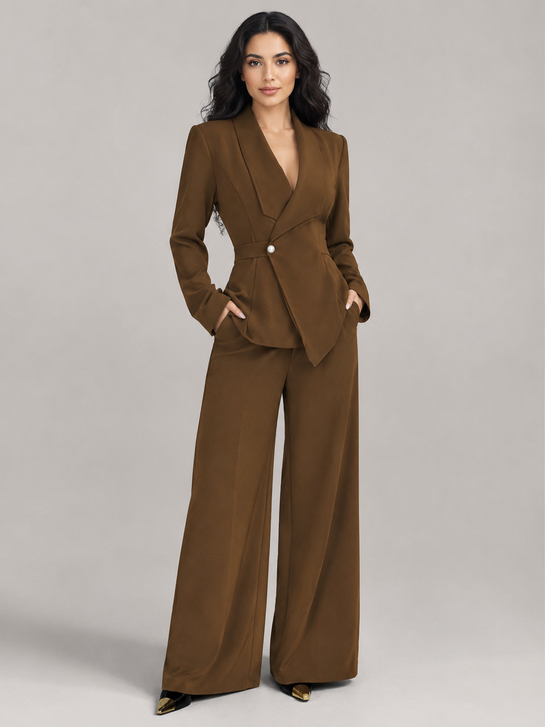 Women’s Two-Piece Wrap Blazer Set with Wide-Leg Pants