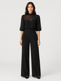 Women’s Wide-Leg Jumpsuit with Sheer Panel and Puff Sleeves