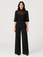 Women’s Wide-Leg Jumpsuit with Sheer Panel and Puff Sleeves