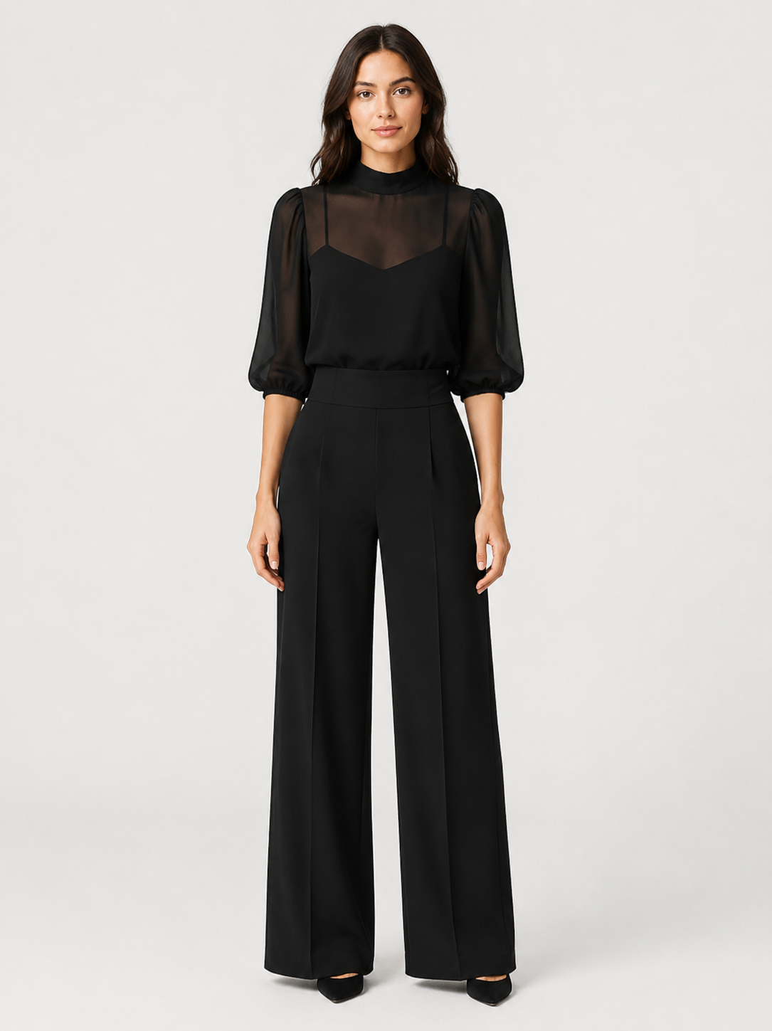 Women’s Wide-Leg Jumpsuit with Sheer Panel and Puff Sleeves