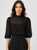 Women’s Wide-Leg Jumpsuit with Sheer Panel and Puff Sleeves