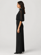 Women’s Wide-Leg Jumpsuit with Sheer Panel and Puff Sleeves
