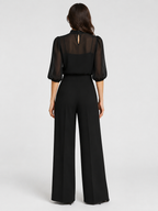 Women’s Wide-Leg Jumpsuit with Sheer Panel and Puff Sleeves