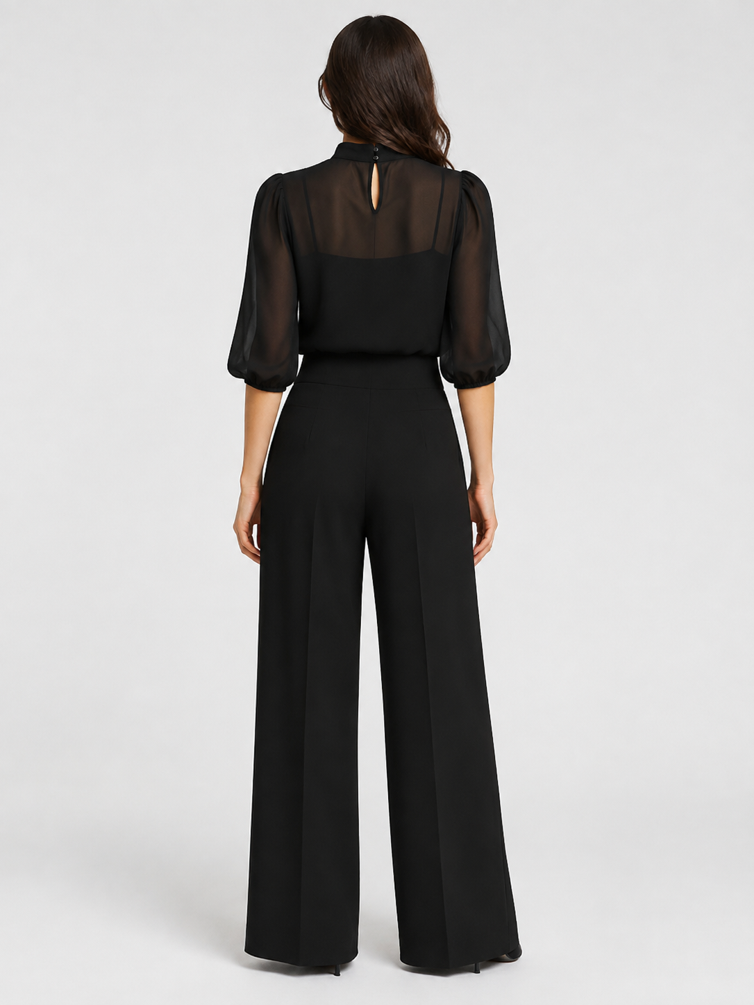 Women’s Wide-Leg Jumpsuit with Sheer Panel and Puff Sleeves