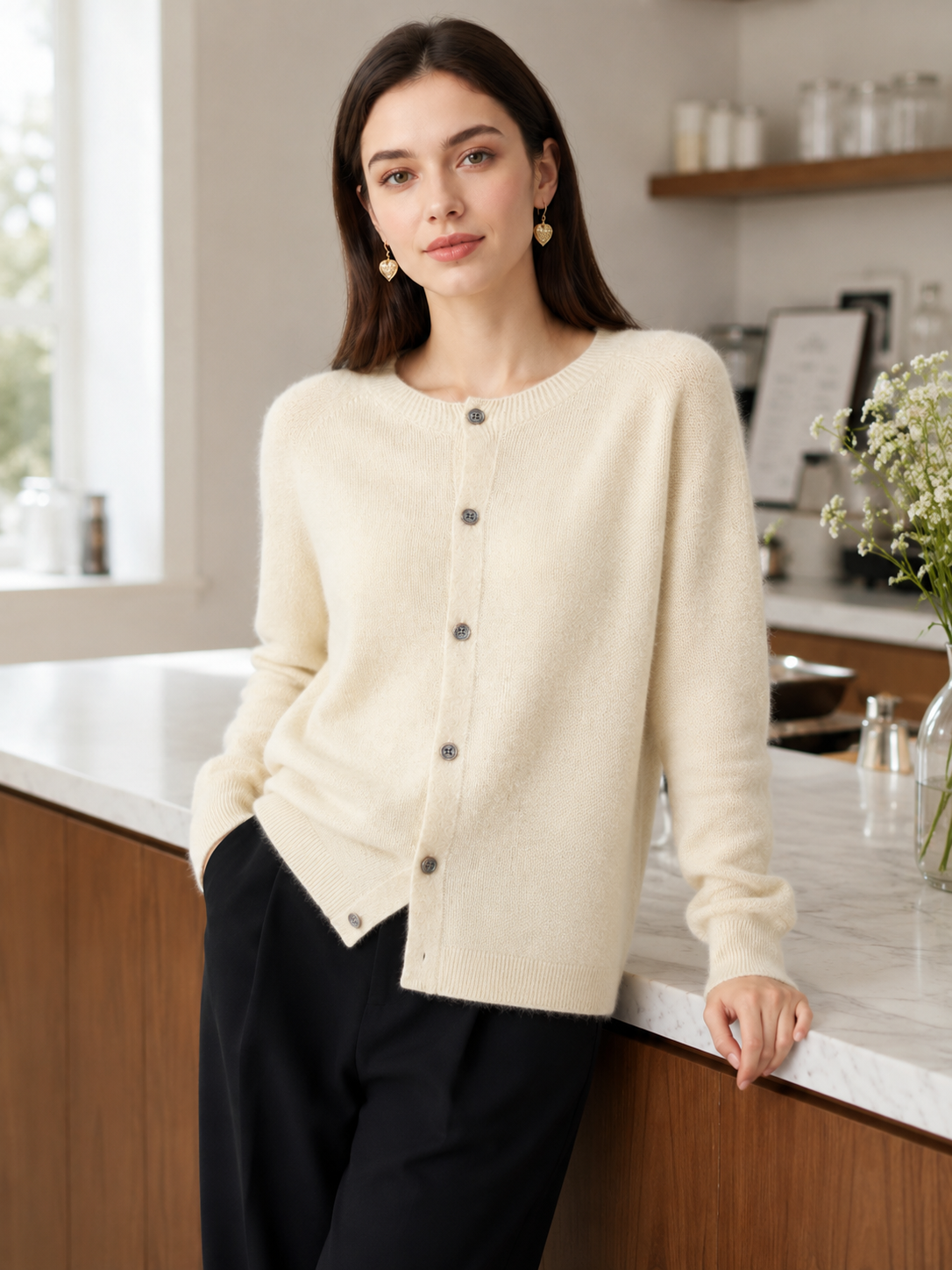 Women’s Button Front Cardigan with Round Neck