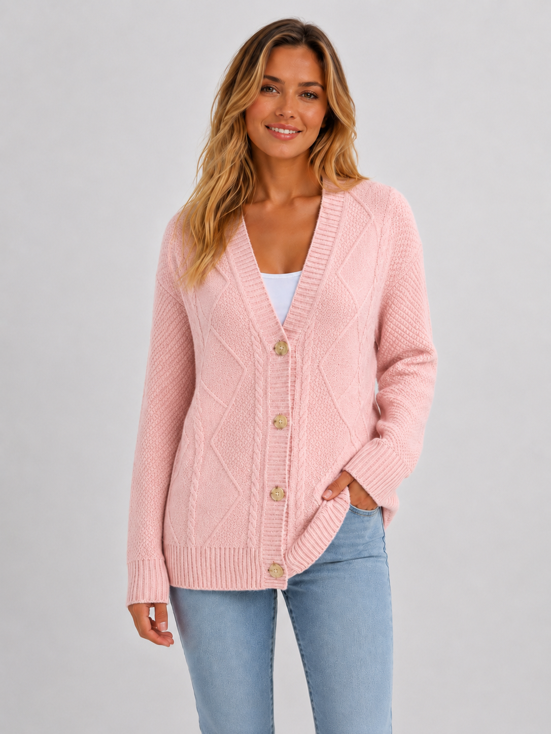 Women’s Cable Knit Cardigan with V-Neck and Button Closure