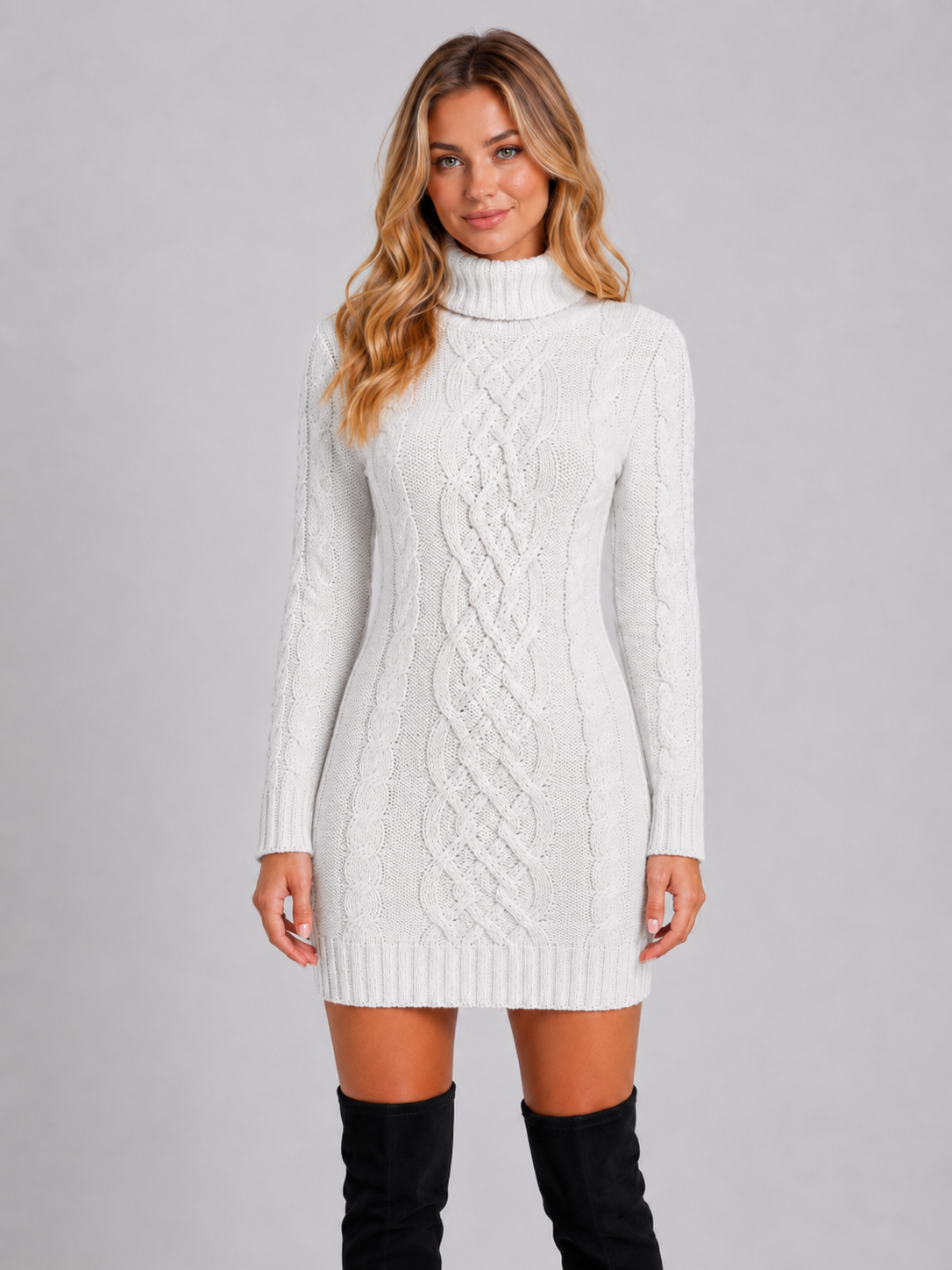 Women’s Cable Knit Sweater Dress with Turtleneck