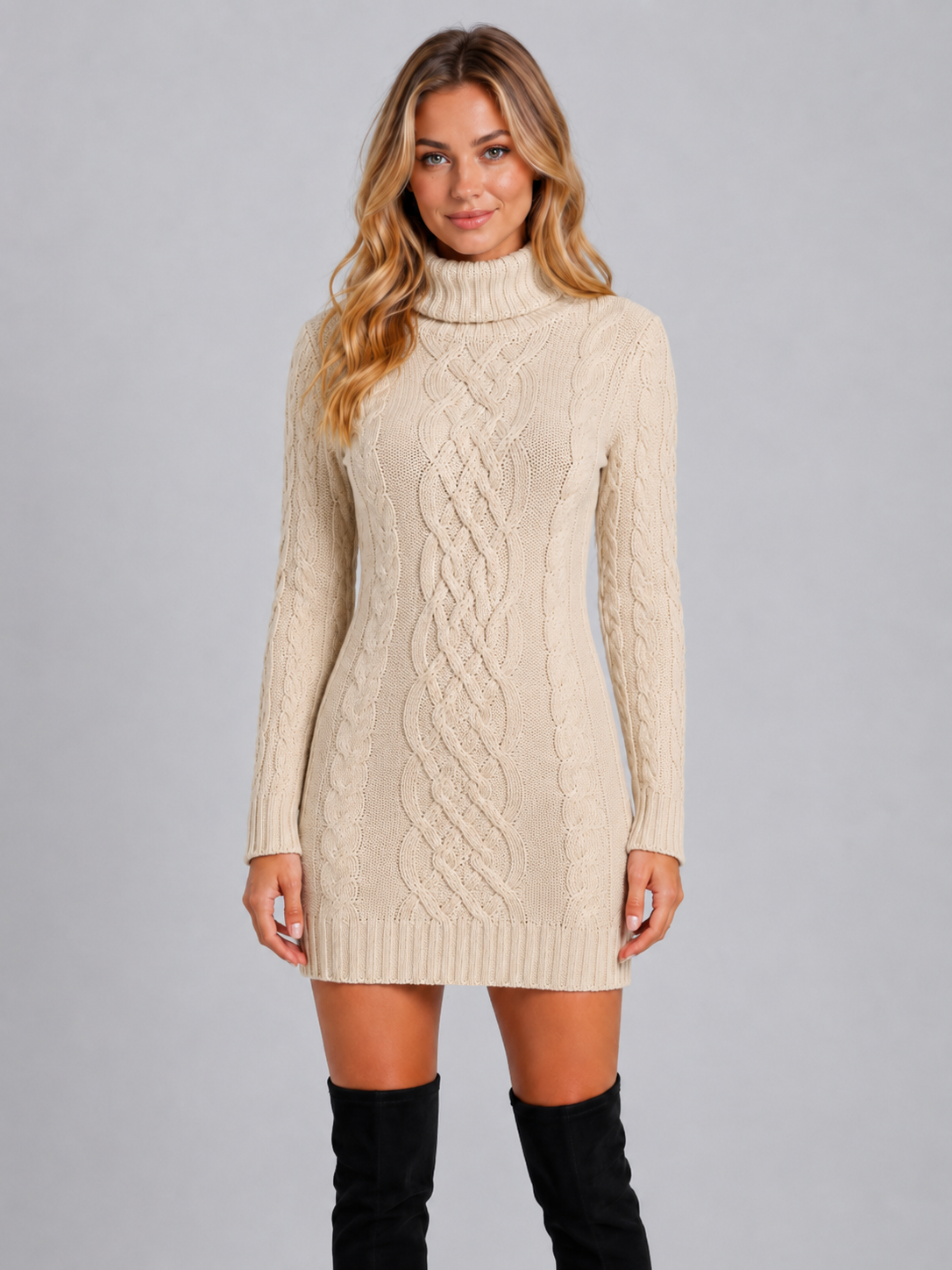 Women’s Cable Knit Sweater Dress with Turtleneck