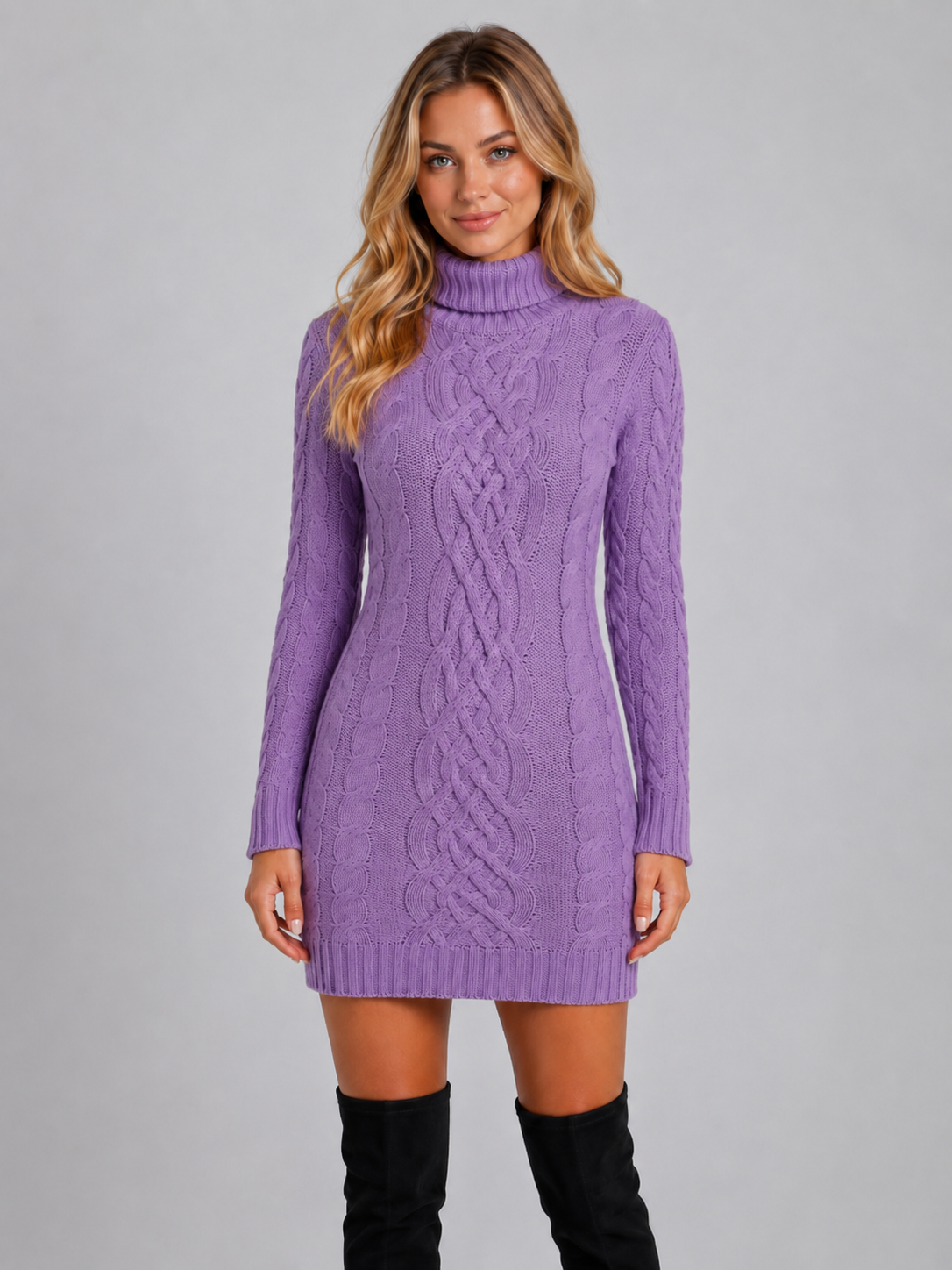 Women’s Cable Knit Sweater Dress with Turtleneck
