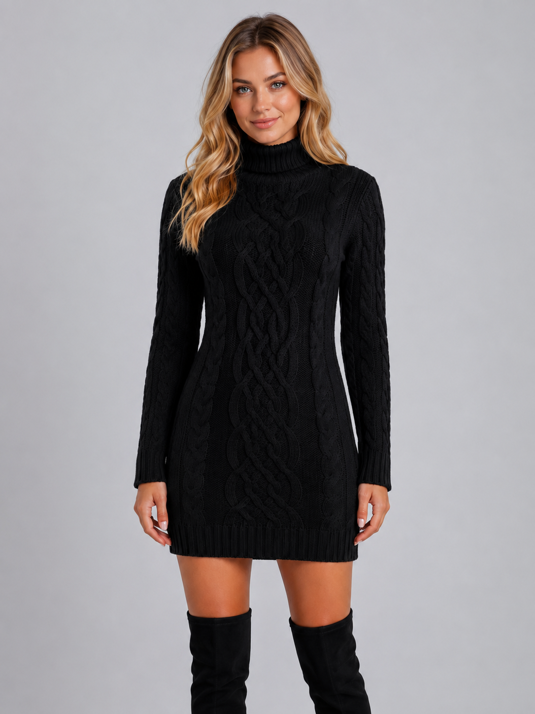 Women’s Cable Knit Sweater Dress with Turtleneck