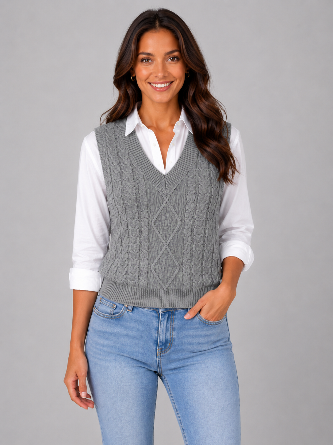 Women’s Cable Knit Sweater Vest with V-Neck