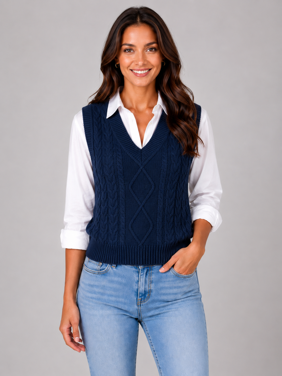 Women’s Cable Knit Sweater Vest with V-Neck
