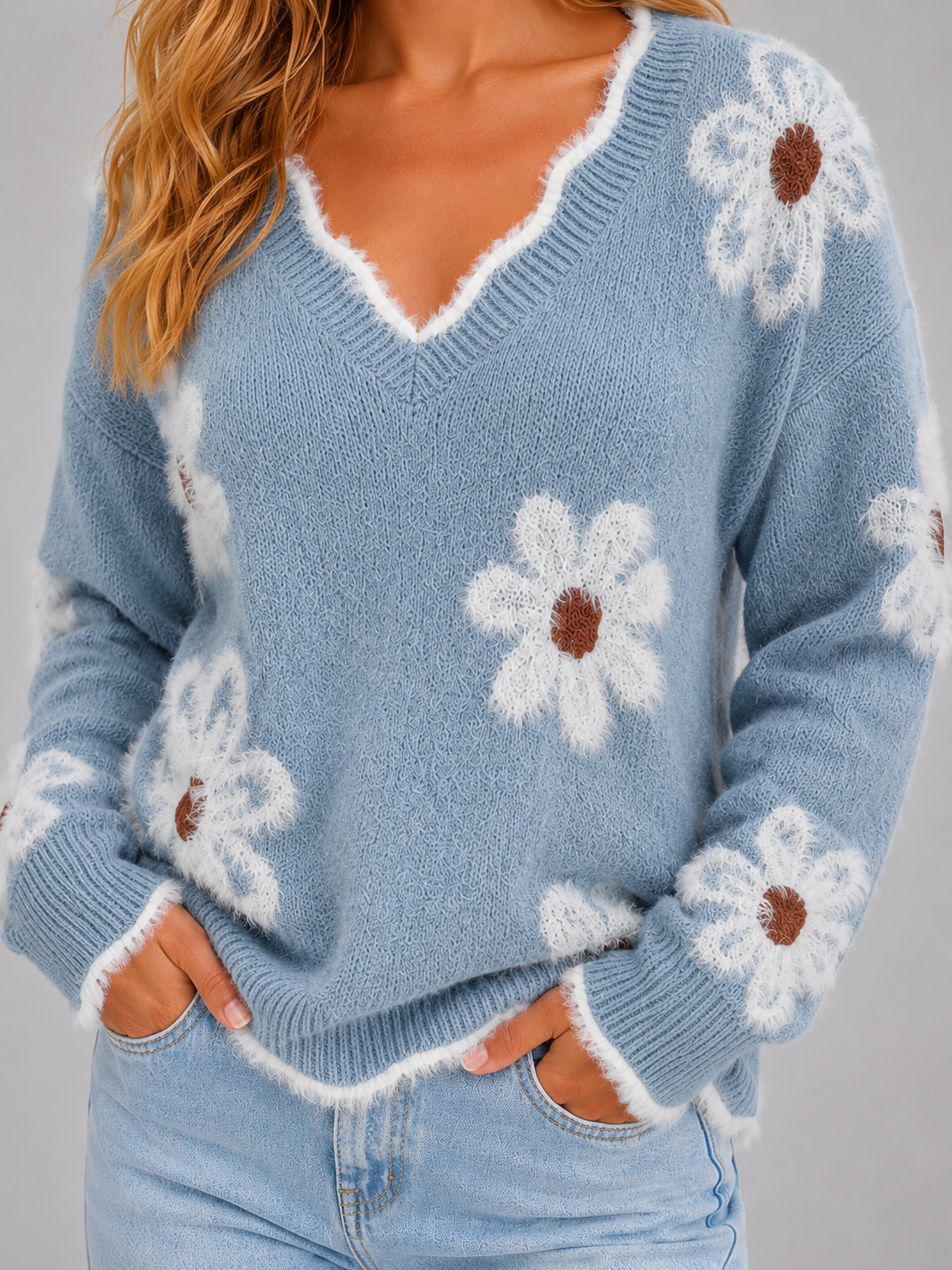 Women’s Floral V-Neck Knit Sweater