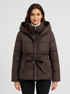 Women’s Hooded Puffer Jacket with Tie Belt