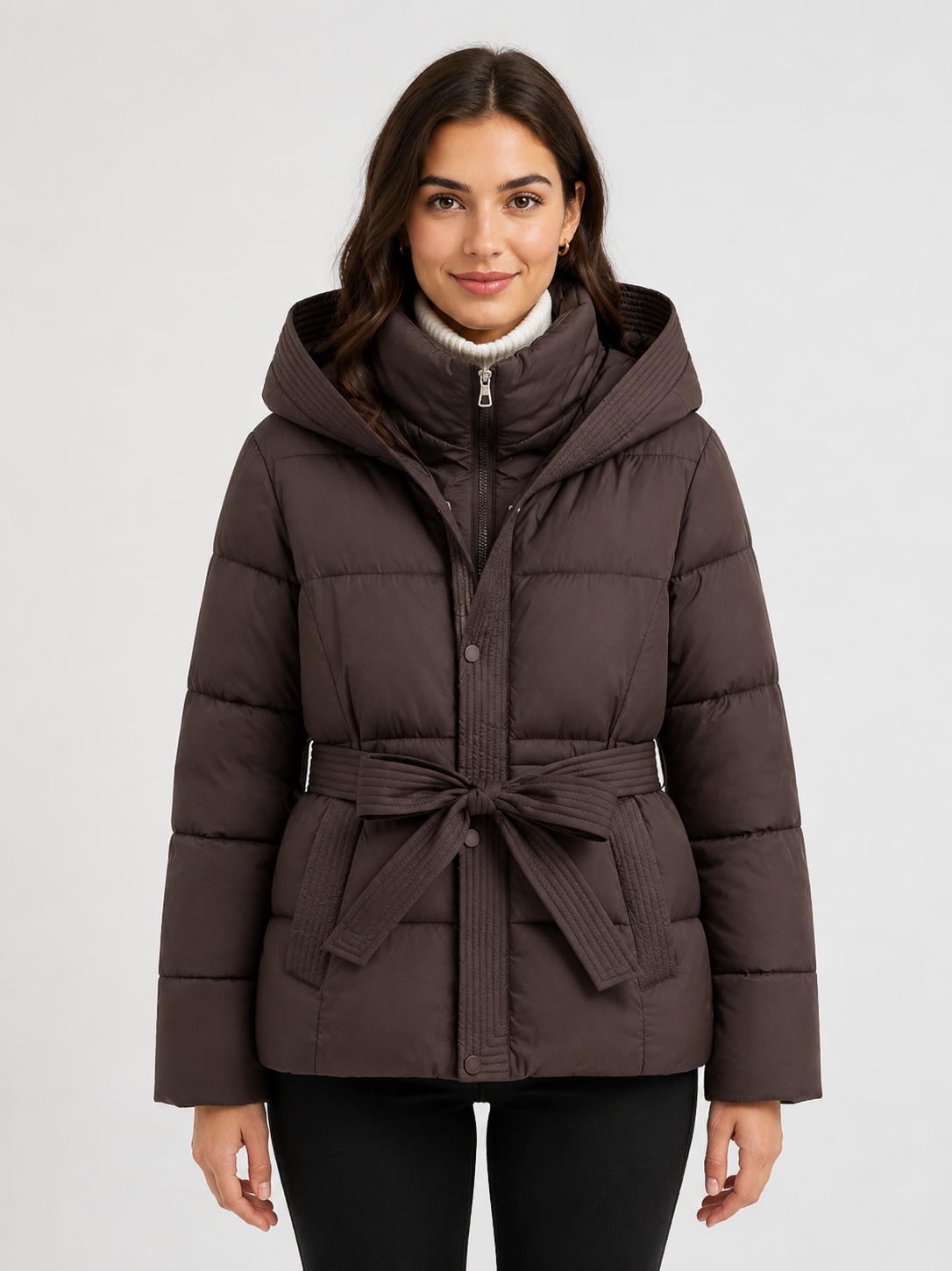 Women’s Hooded Puffer Jacket with Tie Belt