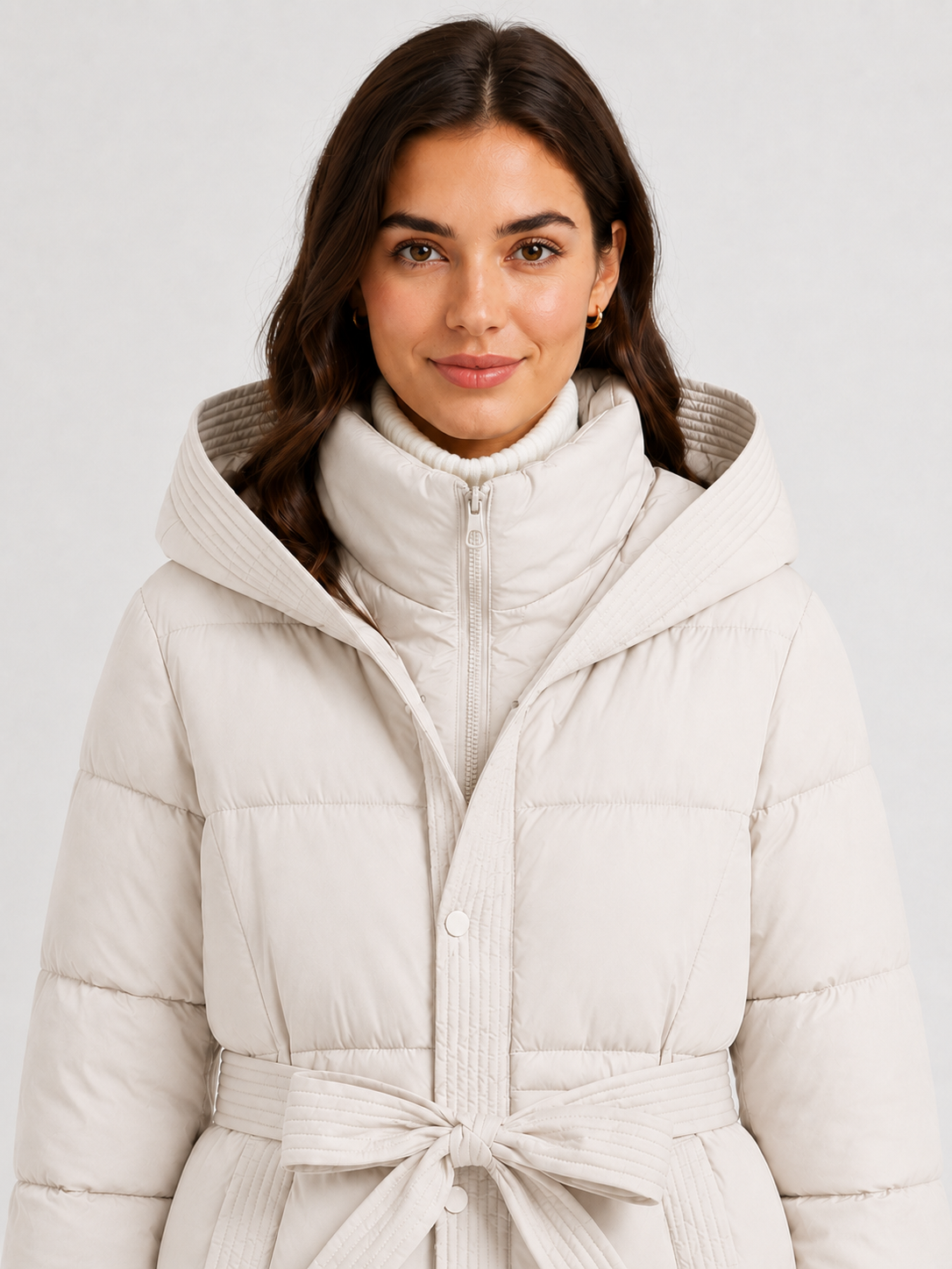 Women’s Hooded Puffer Jacket with Tie Belt