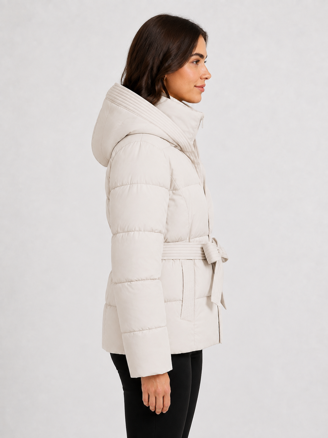 Women’s Hooded Puffer Jacket with Tie Belt