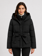 Women’s Hooded Puffer Jacket with Tie Belt
