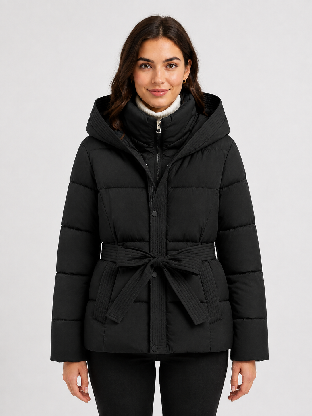 Women’s Hooded Puffer Jacket with Tie Belt
