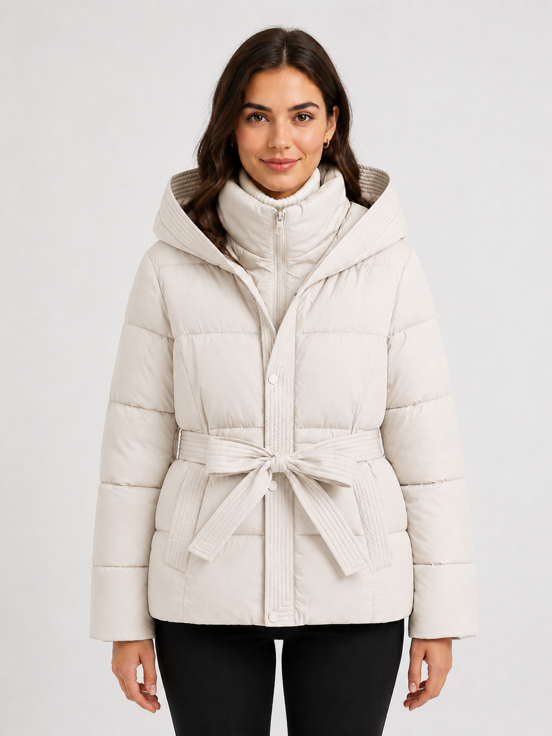 Women’s Hooded Puffer Jacket with Tie Belt
