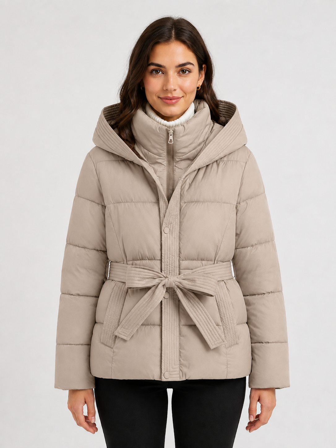 Women’s Hooded Puffer Jacket with Tie Belt