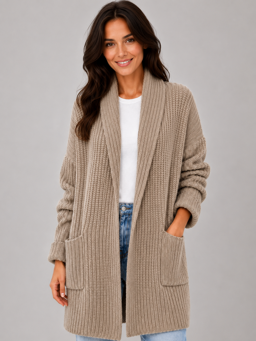 Women’s Longline Open Front Knit Cardigan with Patch Pockets