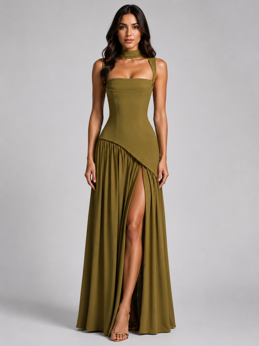 Women’s Maxi Dress with Draped Skirt and Side Slit