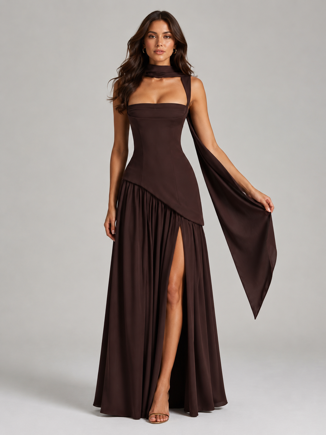 Women’s Maxi Dress with Draped Skirt and Side Slit