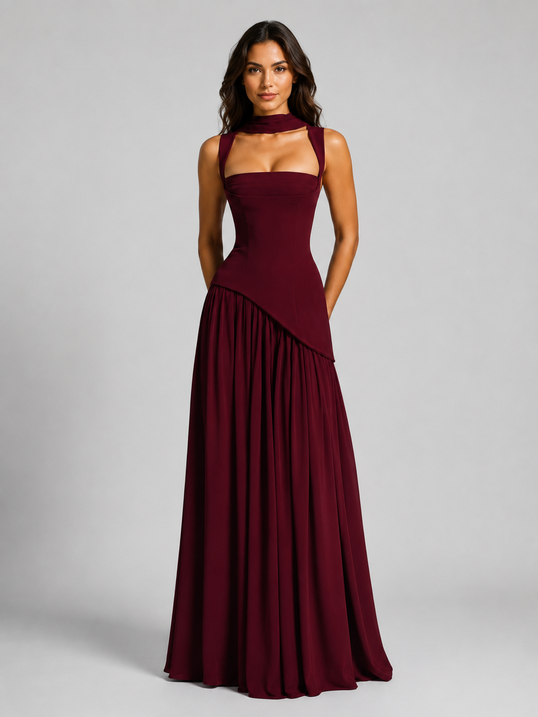 Women’s Maxi Dress with Draped Skirt and Side Slit