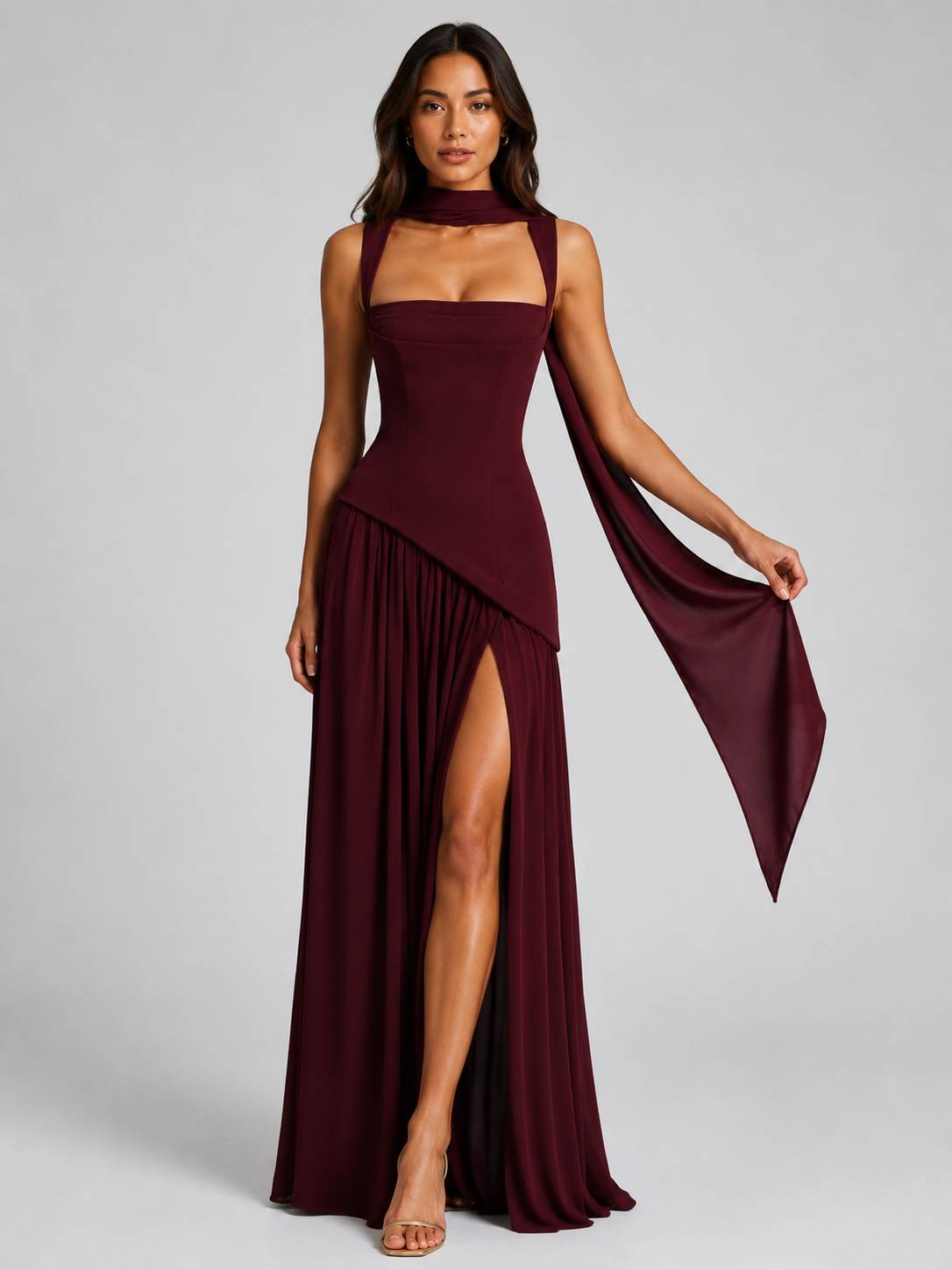 Women’s Maxi Dress with Draped Skirt and Side Slit