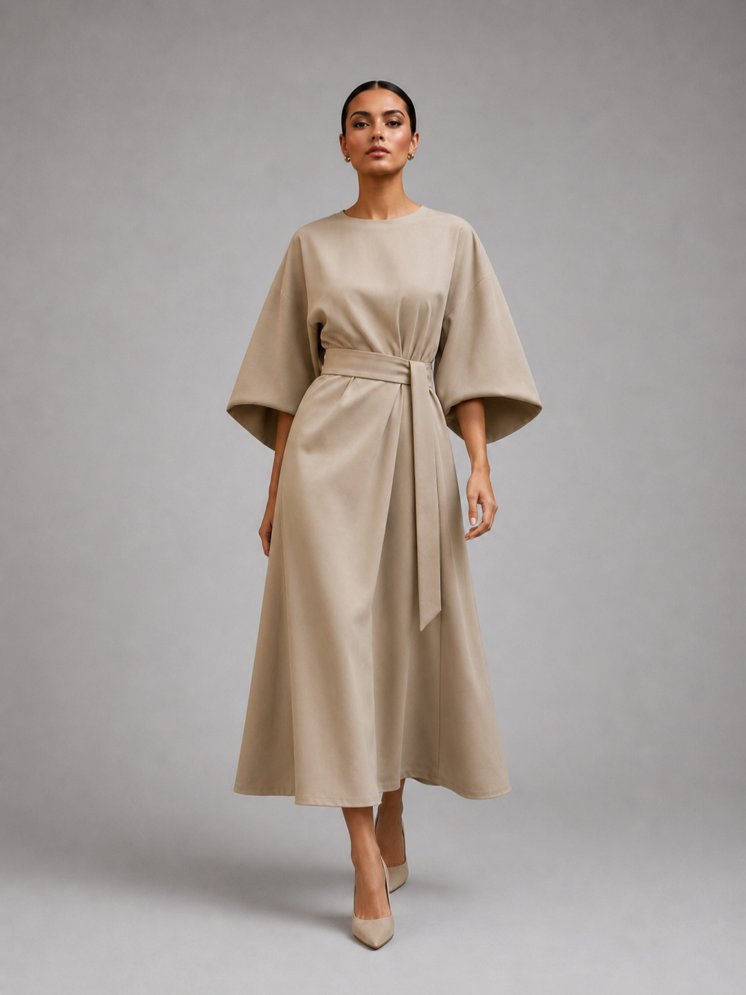 Women’s Midi Dress with Short Sleeves and Belt