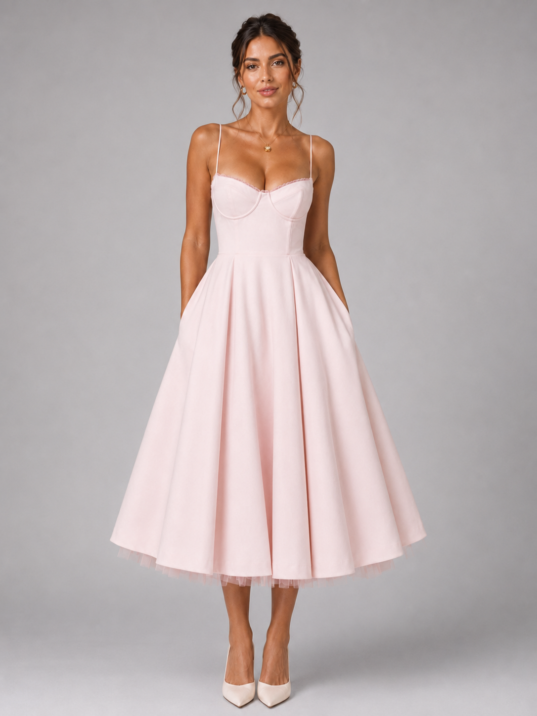 Women’s Midi Dress with Sweetheart Neckline and Full Skirt