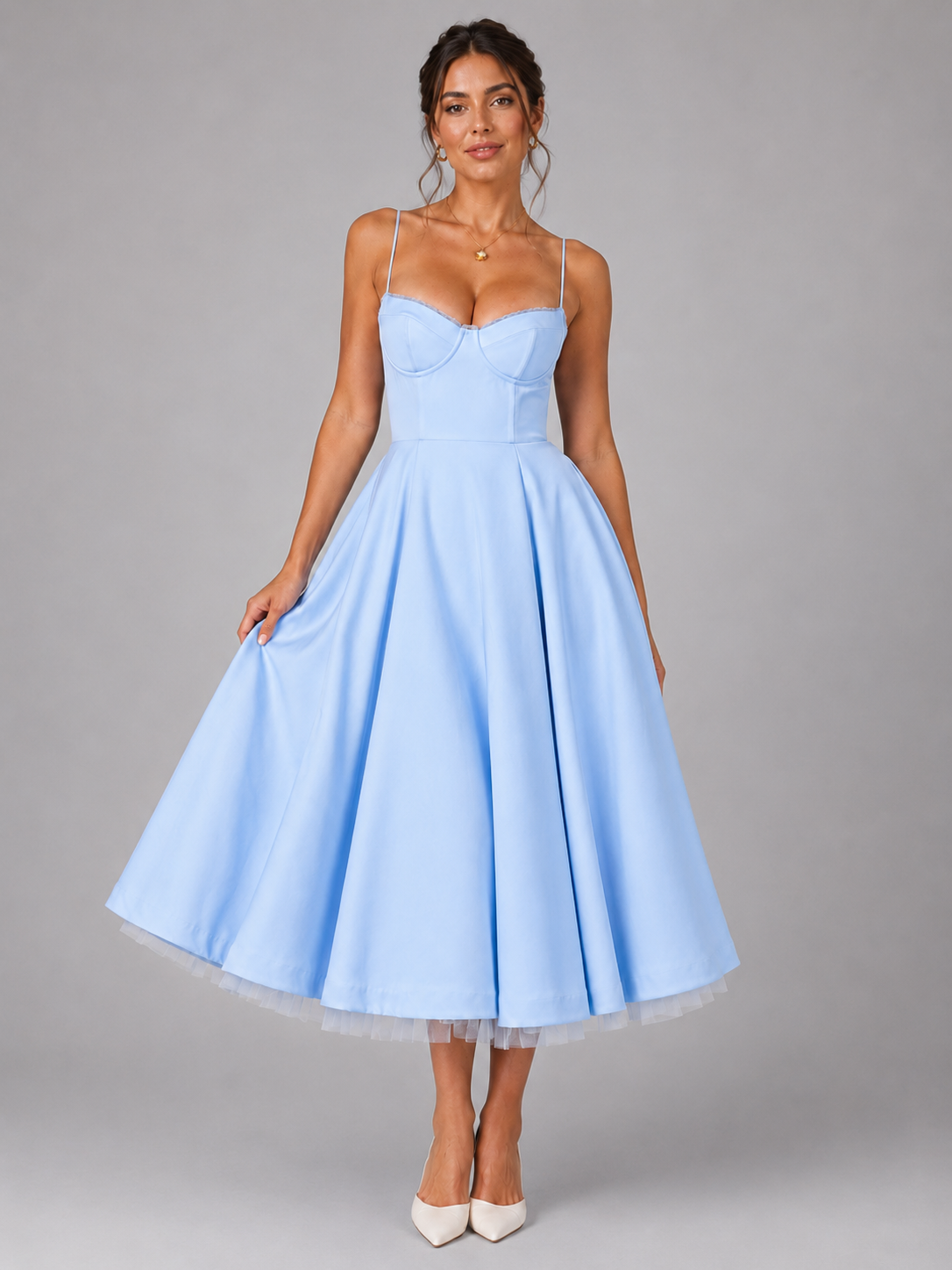Women’s Midi Dress with Sweetheart Neckline and Full Skirt