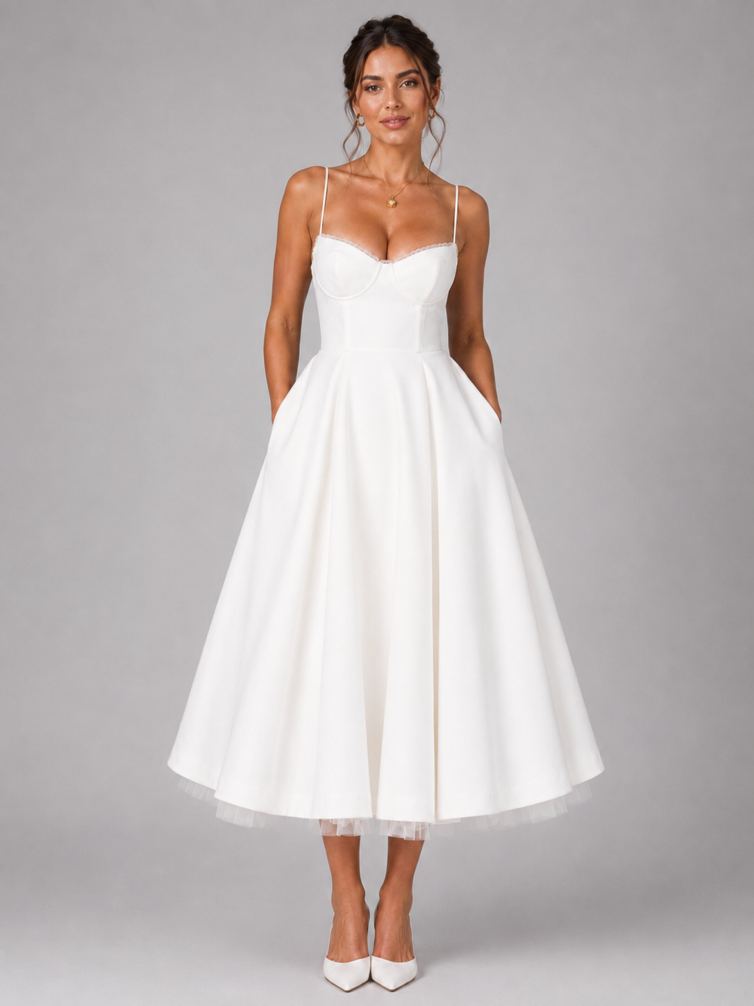 Women’s Midi Dress with Sweetheart Neckline and Full Skirt