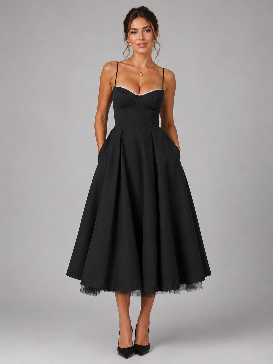 Women’s Midi Dress with Sweetheart Neckline and Full Skirt