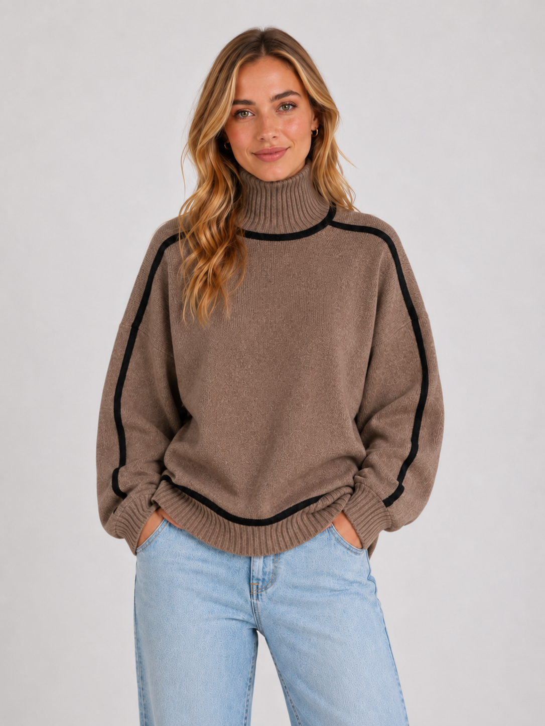 Women’s Oversized Turtleneck Knit Sweater with Contrast Trim