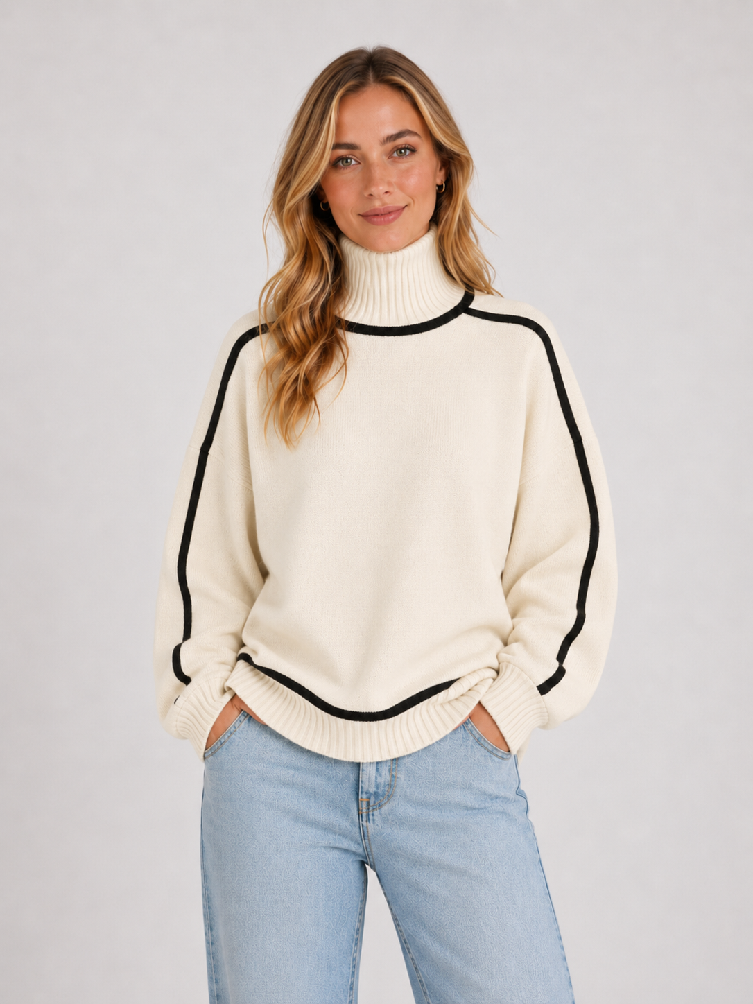 Women’s Oversized Turtleneck Knit Sweater with Contrast Trim
