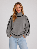 Women’s Oversized Turtleneck Knit Sweater with Contrast Trim