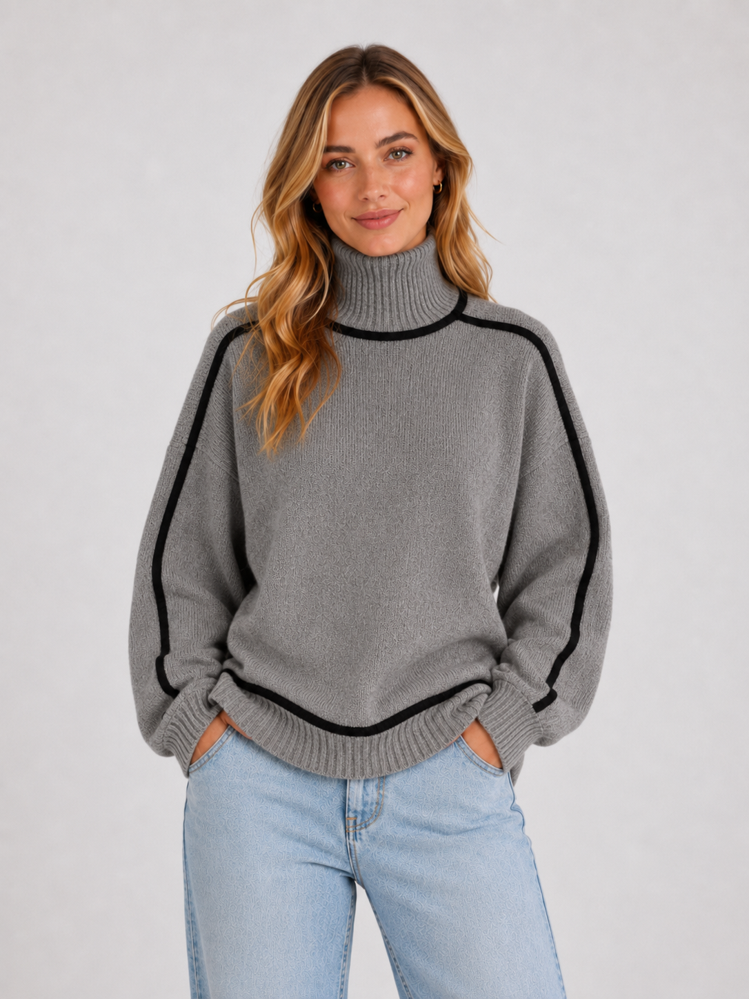 Women’s Oversized Turtleneck Knit Sweater with Contrast Trim