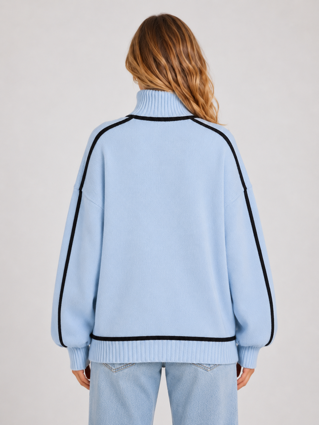 Women’s Oversized Turtleneck Knit Sweater with Contrast Trim