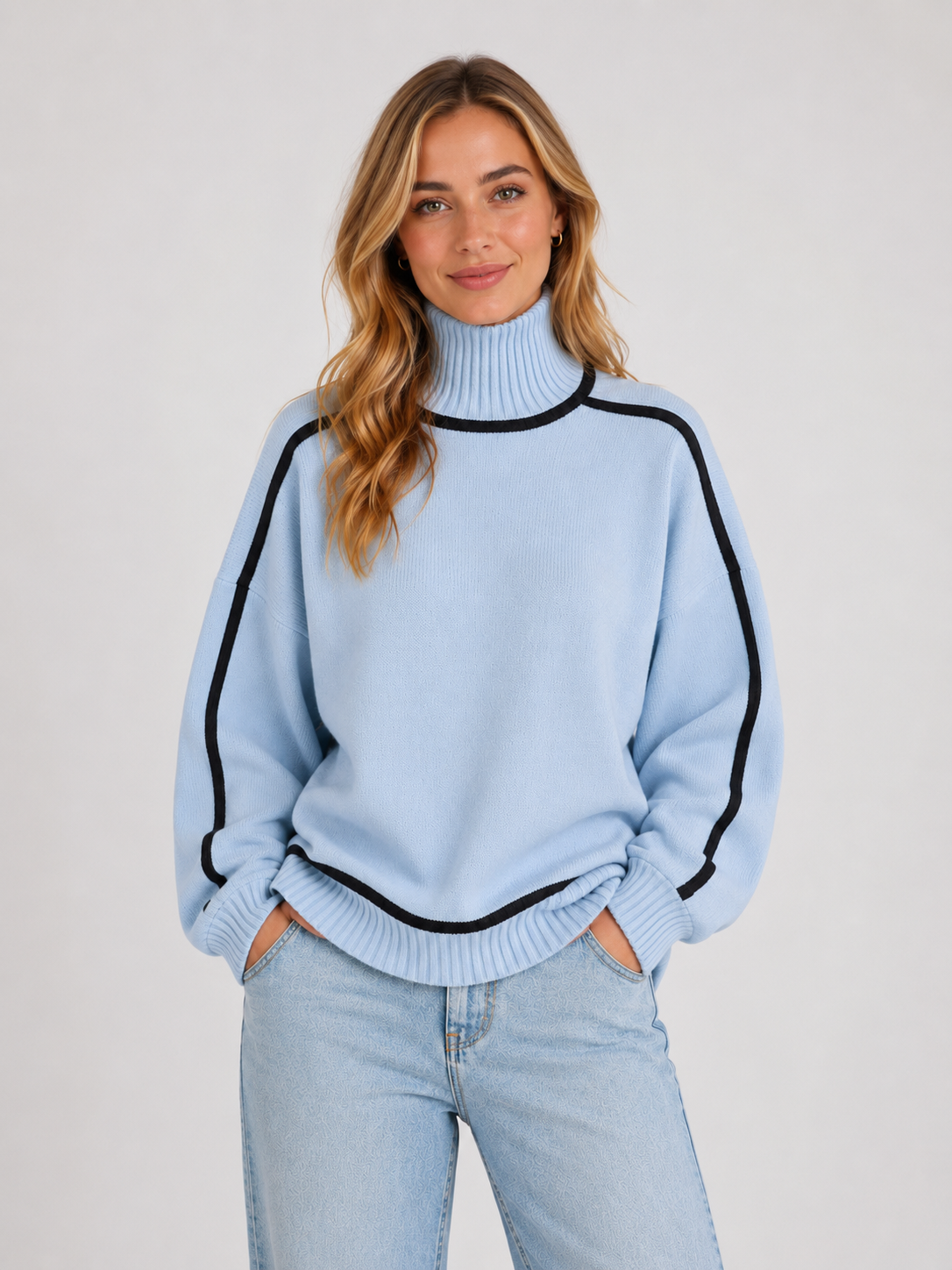 Women’s Oversized Turtleneck Knit Sweater with Contrast Trim