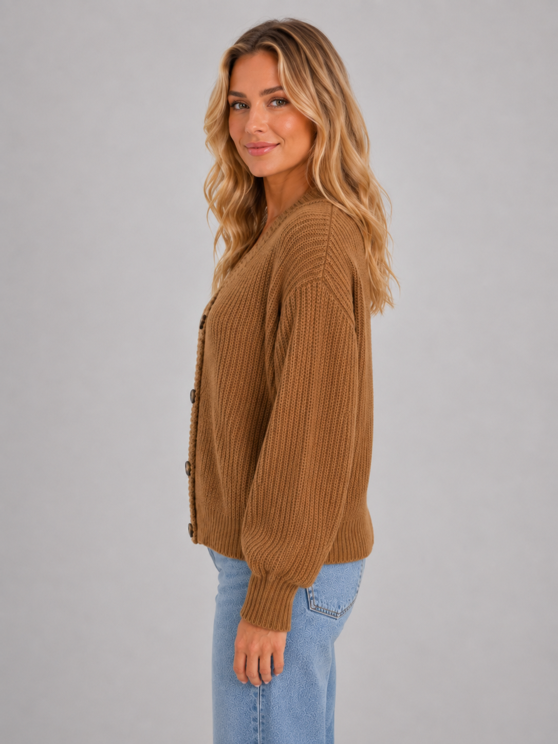 Women’s Ribbed Knit Cardigan with V-Neck and Button Front